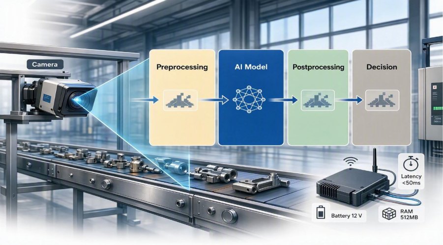 Illustration of a camera over a conveyor of metal parts, feeding preprocessing, an AI model, postprocessing and a decision on a small edge device.